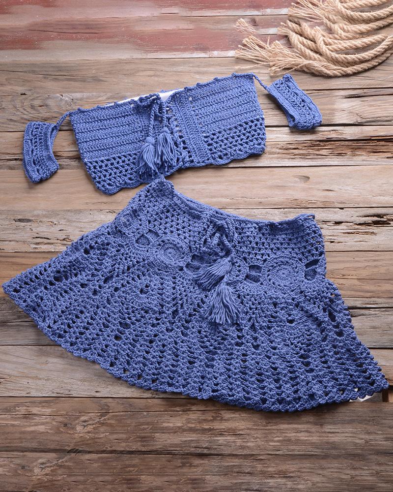 

Hollow Out Tassel Design Crochet Tankini Set, Dark blue