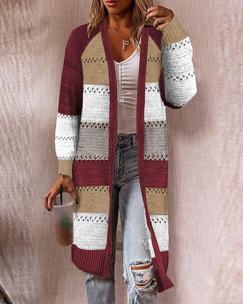 

Colorblock Hollow Out Knit Longline Cardigan, Wine red