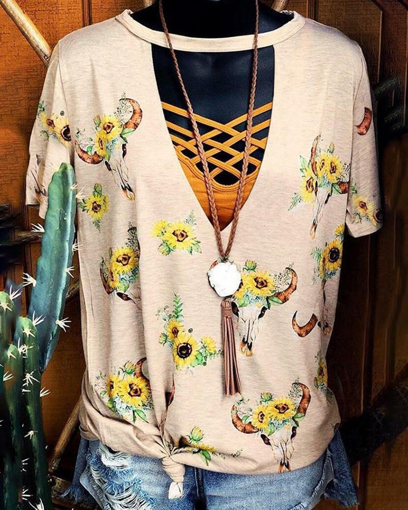 

Cactus Sunflower Print Cut Out Casual T-shirt, Yellow