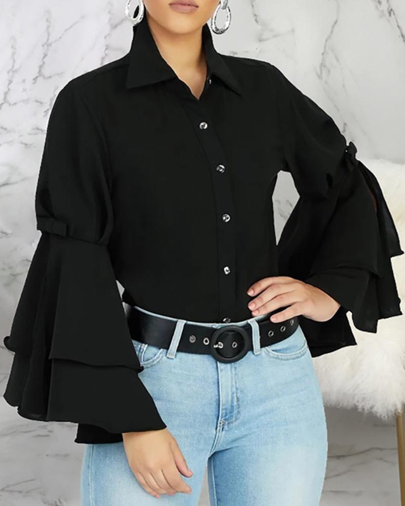 

Solid Turn-down Collar Layered Ruffles Sleeve Buttoned Shirt, Black