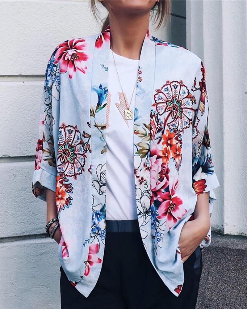 

Floral Print Tailored Collar Three Quarters Sleeve Coat