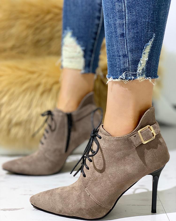 

Point Toe Lace-Up Thin Heels, Gray