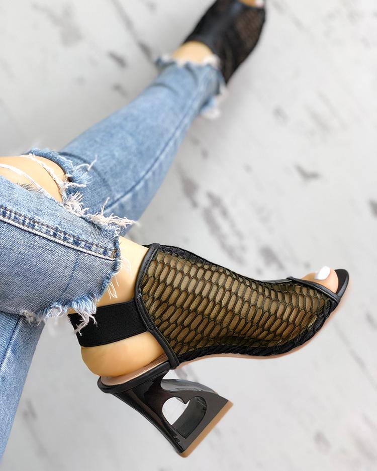 

Peep Toe Hollow Out Heart Pattern Heeled Sandals, Black