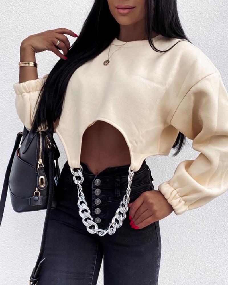 

Chain Decor Long Sleeve Sweatshirt, Apricot