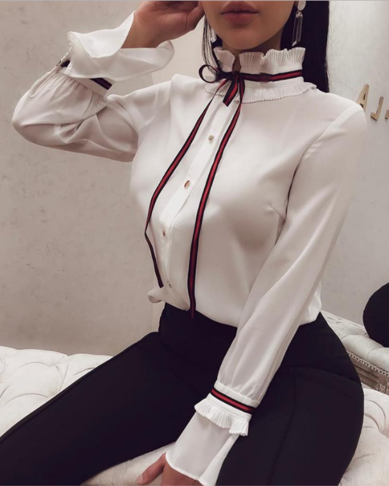 

Mock Neck Striped Tape Tied Casual Shirt, White