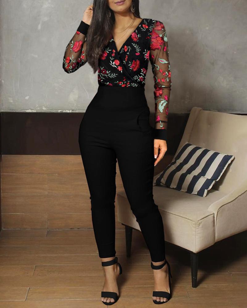 

Floral Embroidery Sheer Mesh Bodysuit, Black