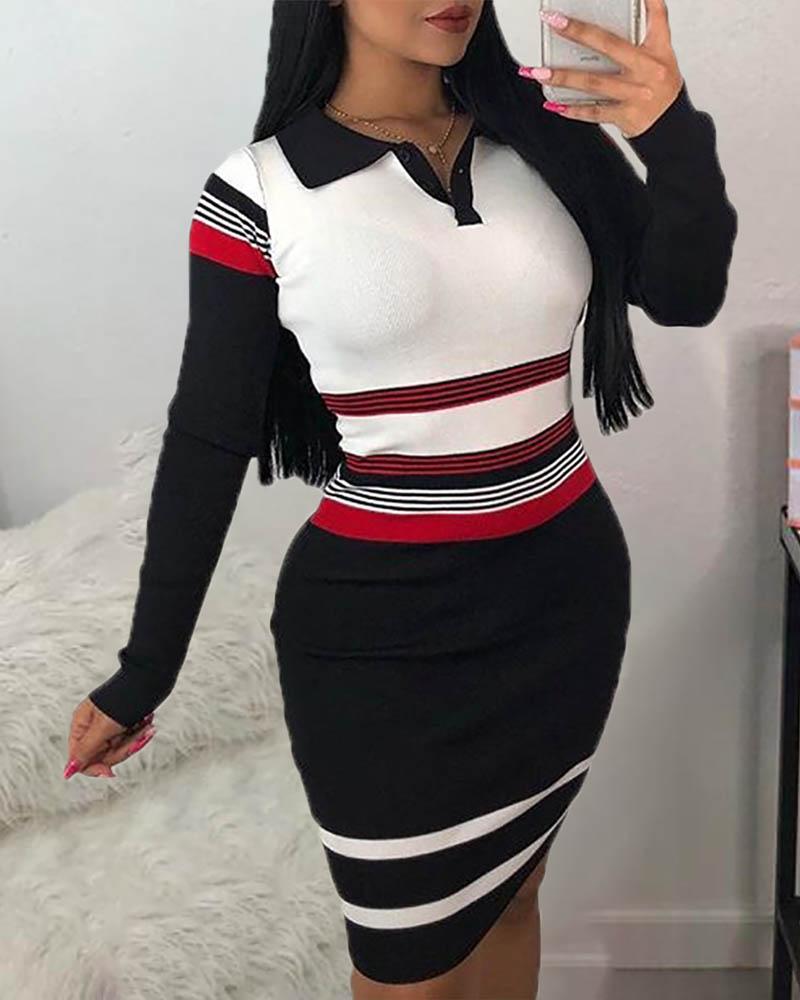 

Striped Print Lapel Collar Bodycon Dress, Black