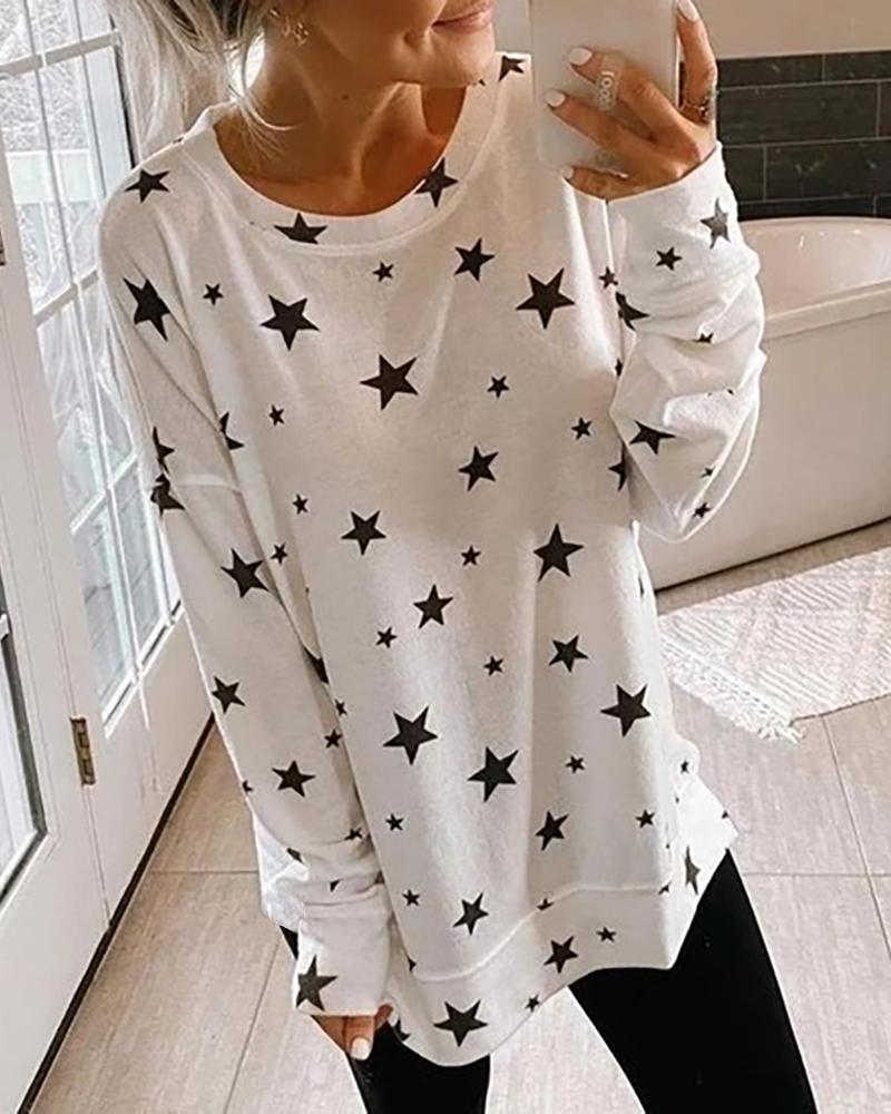 

Stars Print Long Sleeve Casual Blouse, White