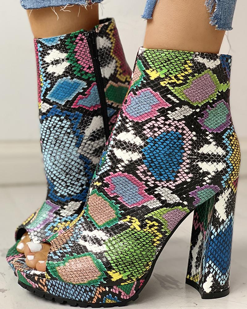 

Snakeskin Print PU Platform Chunky Heeled Boots