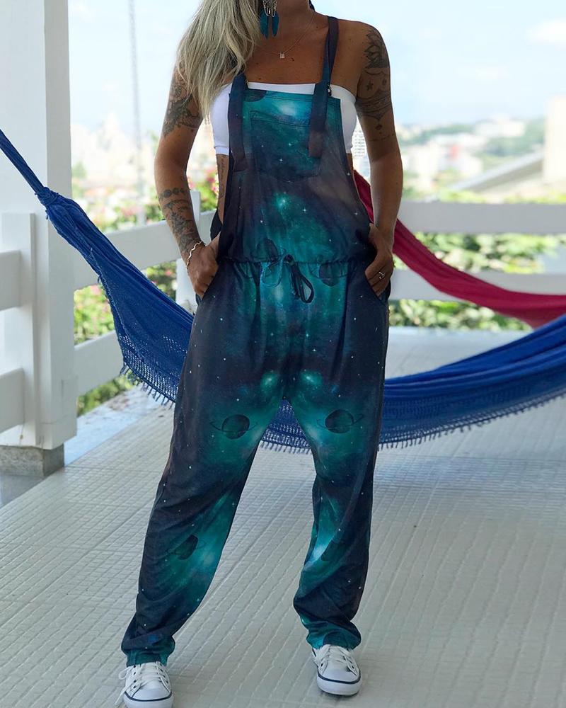 

Starry Sky Print Drawstring Suspender Jumpsuit, Dark green