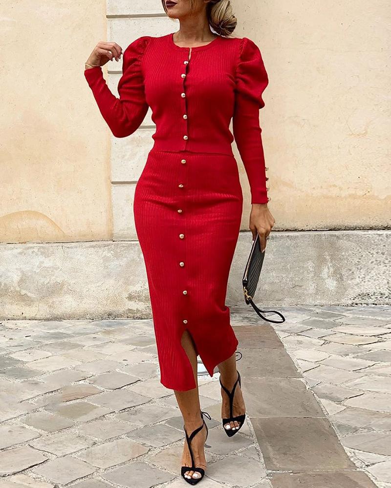 

Solid Buttoned Puff Sleeve Top & Slit Skirt Sets, Red