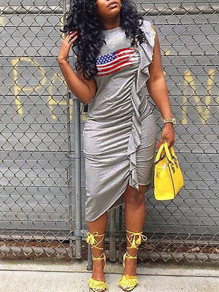 

Flag Print Irregular Ruffles Hem Casual Dress