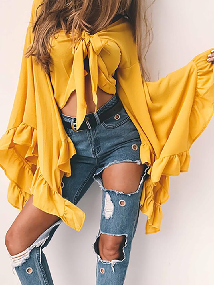 

Stylish Frills Sleeve Tied Front Cropped Blouse, Pink