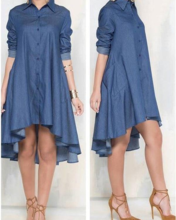 

Long Sleeve Dip Hem Denim Shirt Dress, Blue