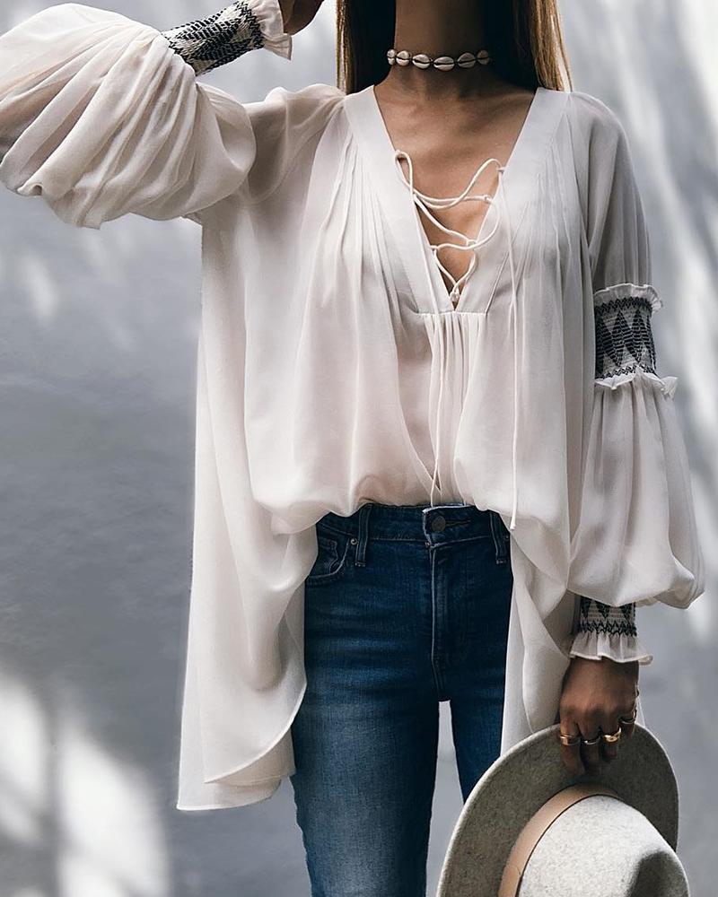 

Lantern Sleeve Frill Hem Loose Blouse, White