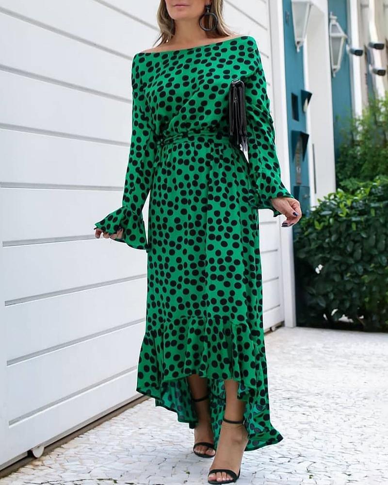 

Off Shoulder Polka Dots Bell Cuff Ruffles Hem Dress, Green