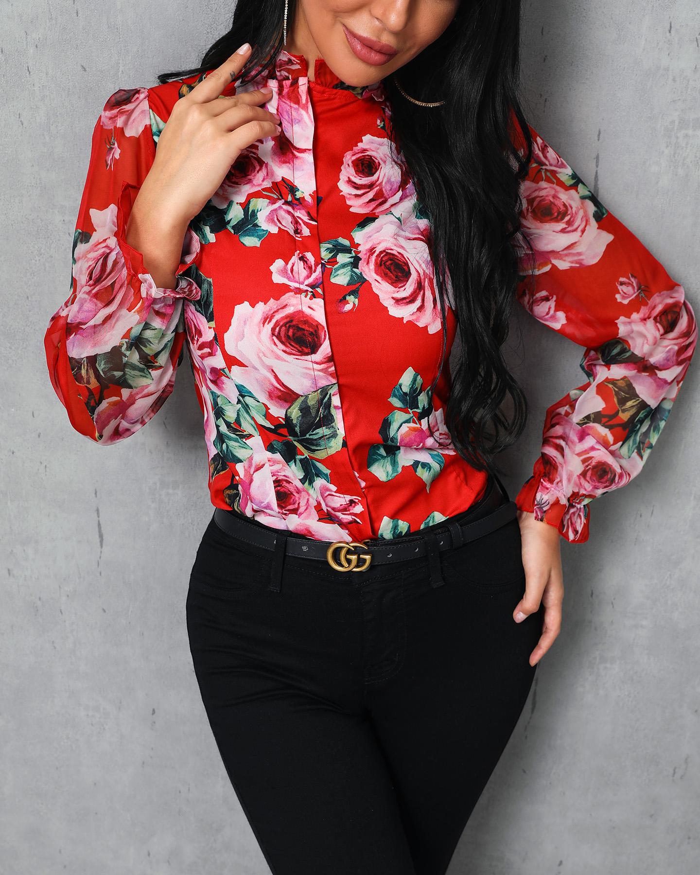 

Floral Print Ruffles Casual Blouse