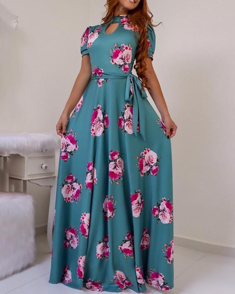 

Short Sleeve Cutout Floral Print Maxi Dress, Blue