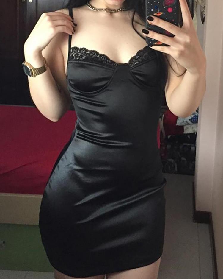 

Spaghetti Strap Lace Insert Bodycon Dress