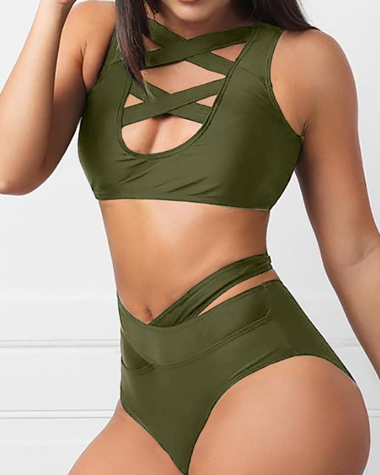 

Crisscross Bandage Cutout Tankini Set