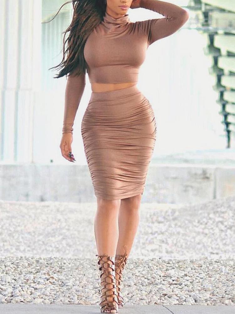 

Stylish Ruched High Neck Cropped Bodycon Skirt Set, Nude