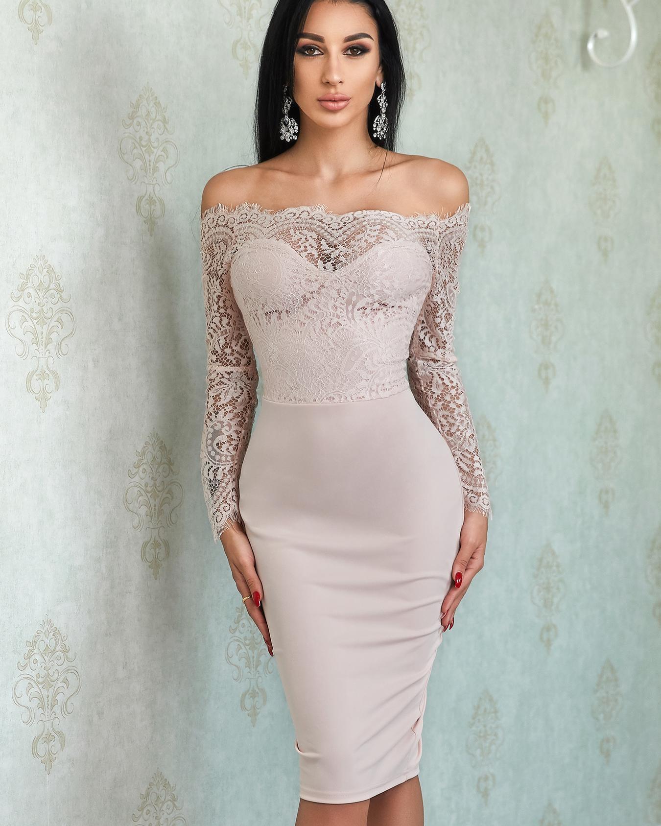 

Sexy Lace Splicing Off shoulder Sheath Midi Dress