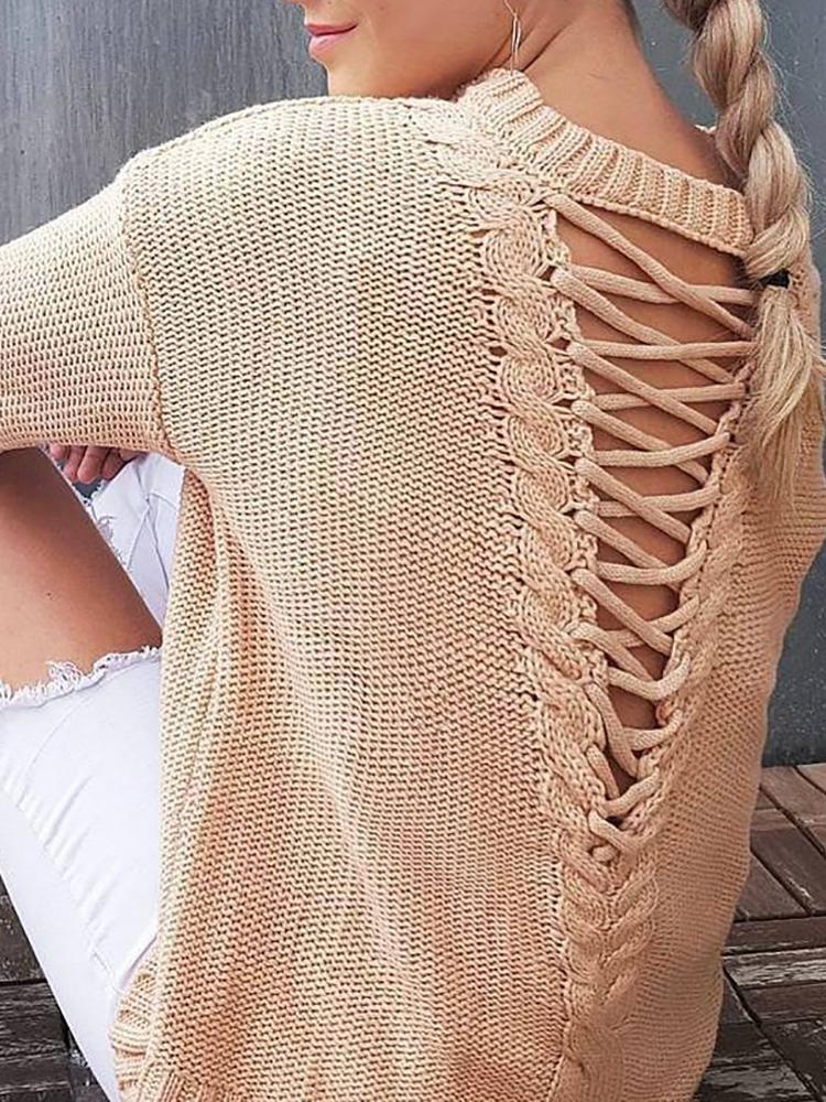 

Fashion Lace-up Back Knitted Casual Sweater, Beige;gray