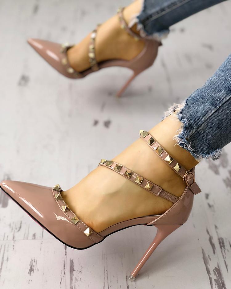 

Rivet Embellished Cut Out Pointed Toe Thin Heels, Apricot