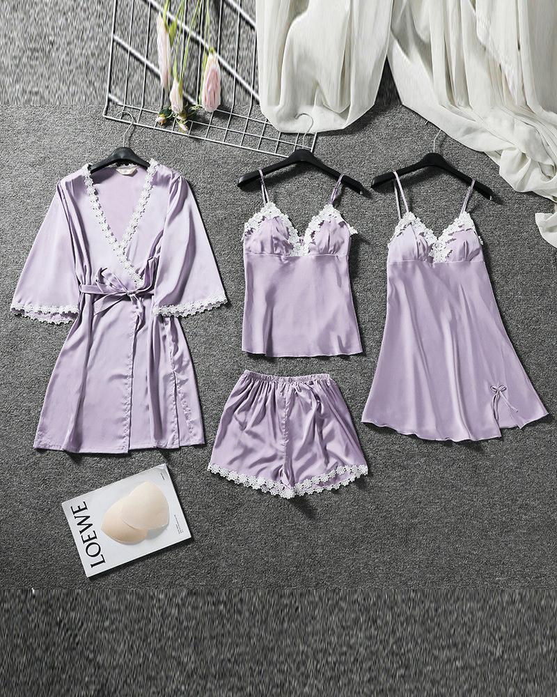 

5Pcs Satin Pajama Set, Purple