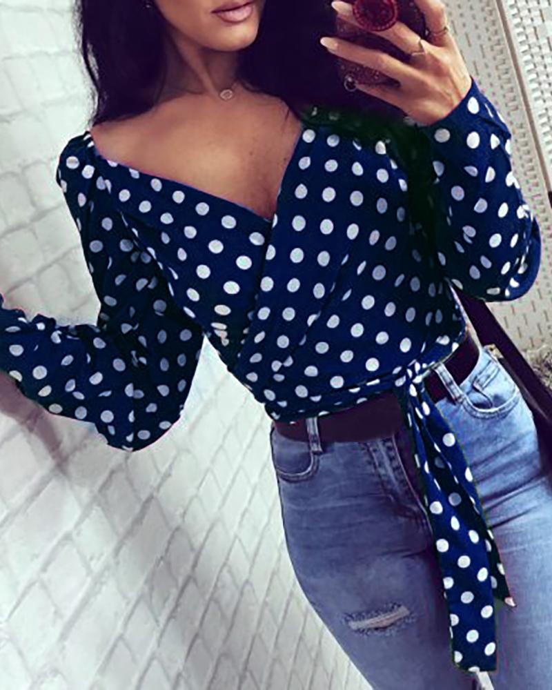 

Dot Print V-Neck Wrap Casual Blouse, Dark blue