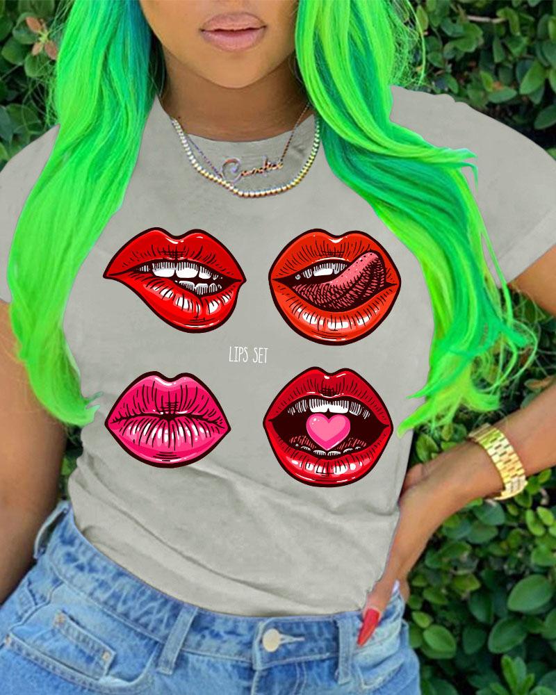 

Lip Letter Print Short Sleeve Casual T-shirt, Gray