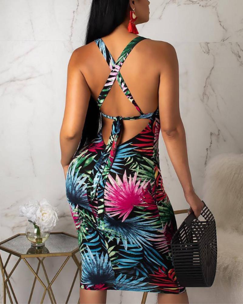 

Tropical Print Crisscross Back Bodycon Dress, Multicolor