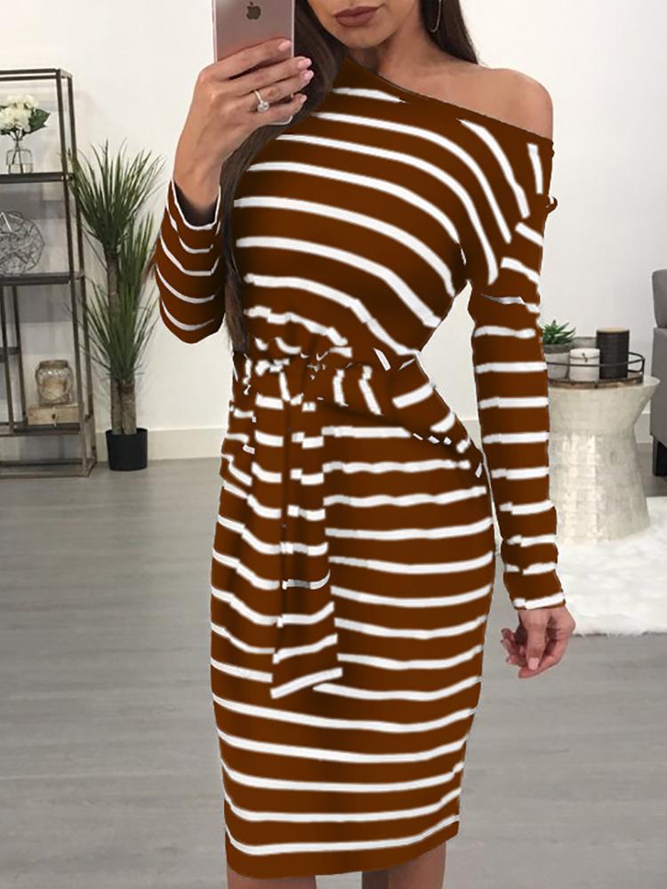 

Striped Long Sleeve Tied Waist Casual Dress