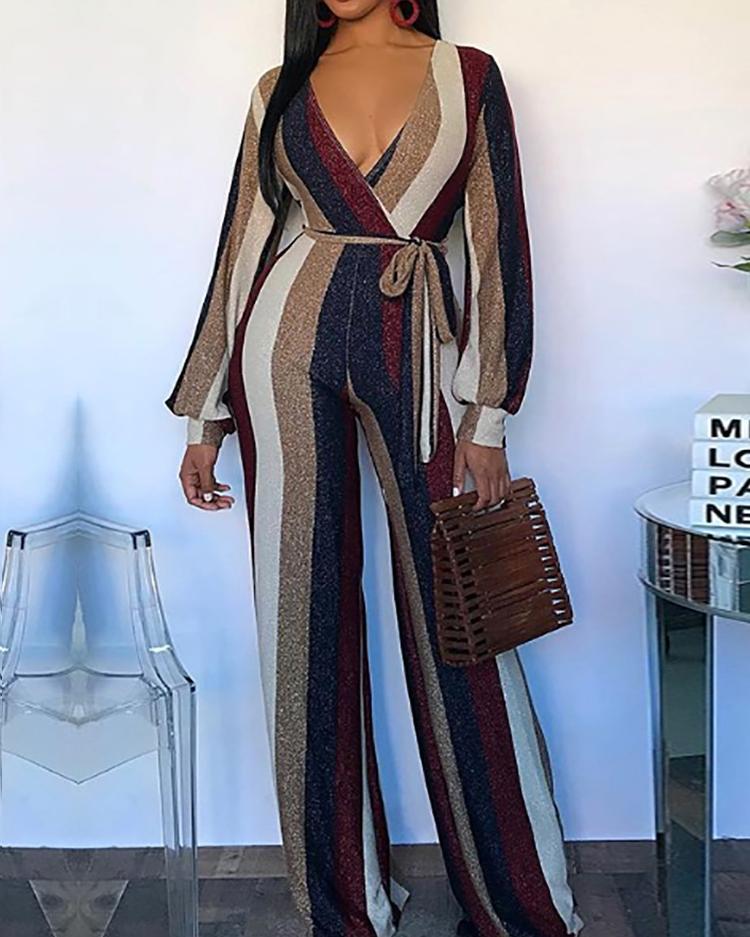 

Colorful Striped V-Neck Belted Jumpsuits, Multicolor
