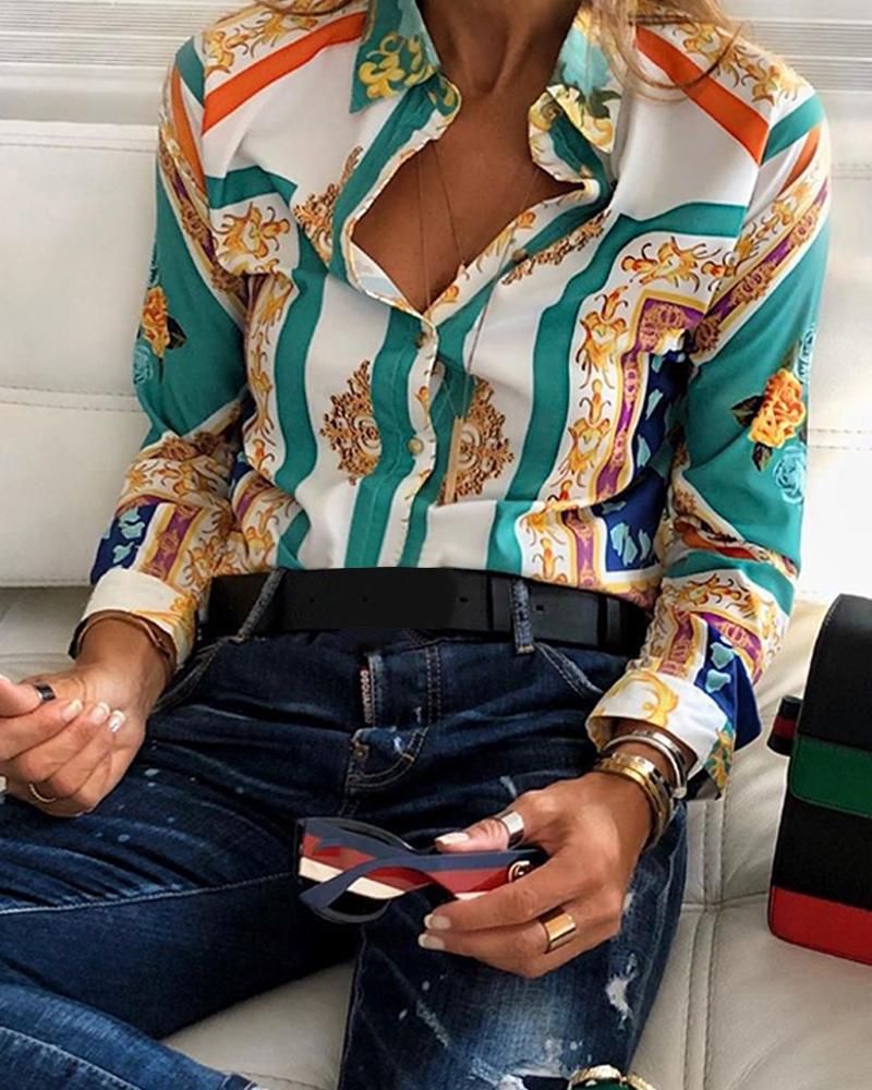 

Baroque Print Button-Up Top, Green