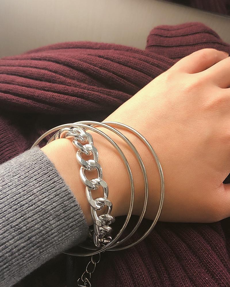 

4PCS Ring & Chain Bracelet Set, Silver