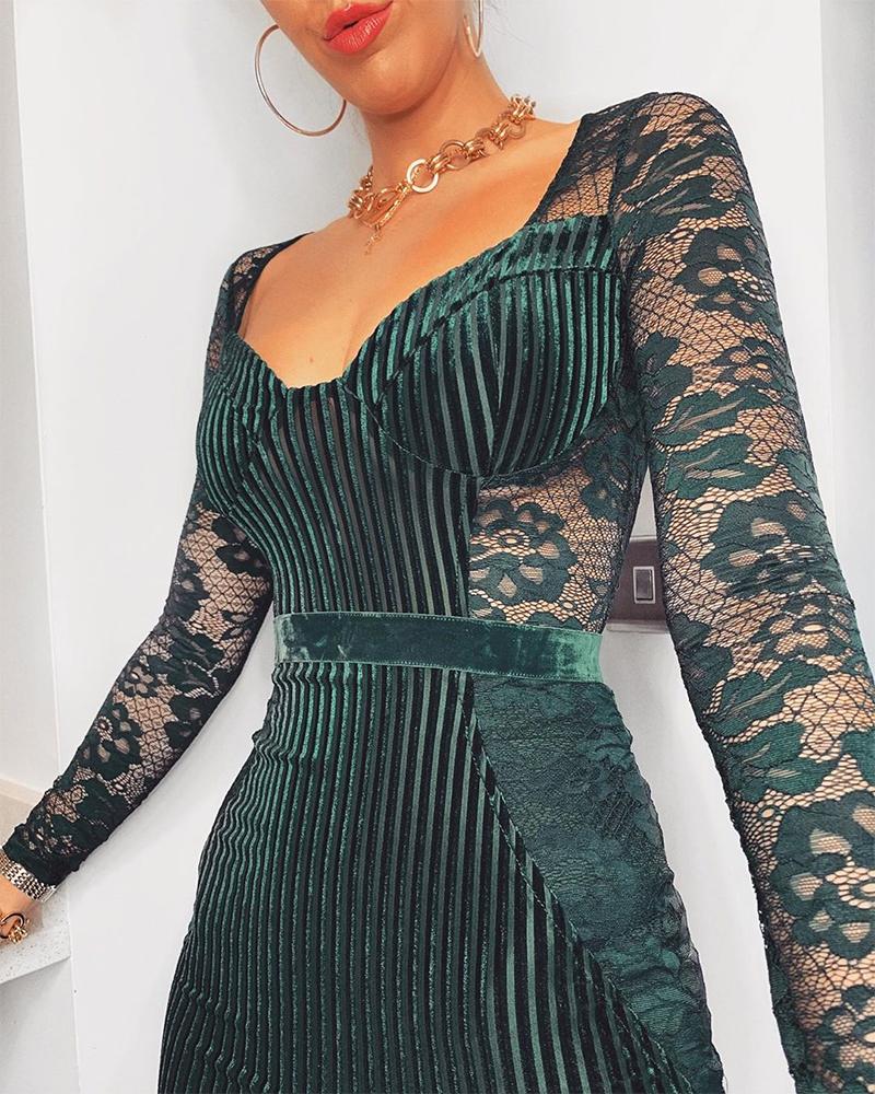

Square Neck Velvet & Lace Dress, Green