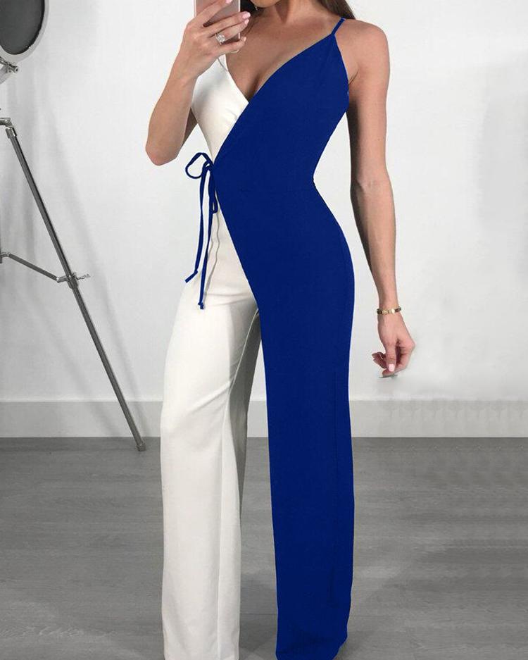 

Contrast Color Spaghetti Strap Wrapped Wide Leg Jumpsuit