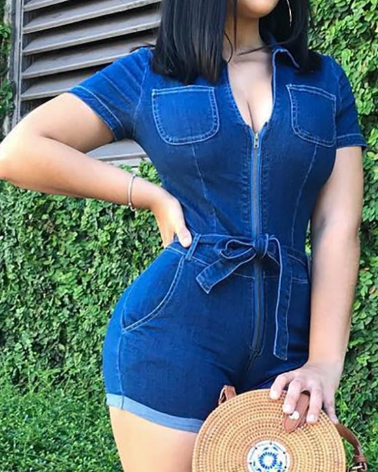 

Zipper Up Tie Waist Roll Up Hem Denim Romper, Blue