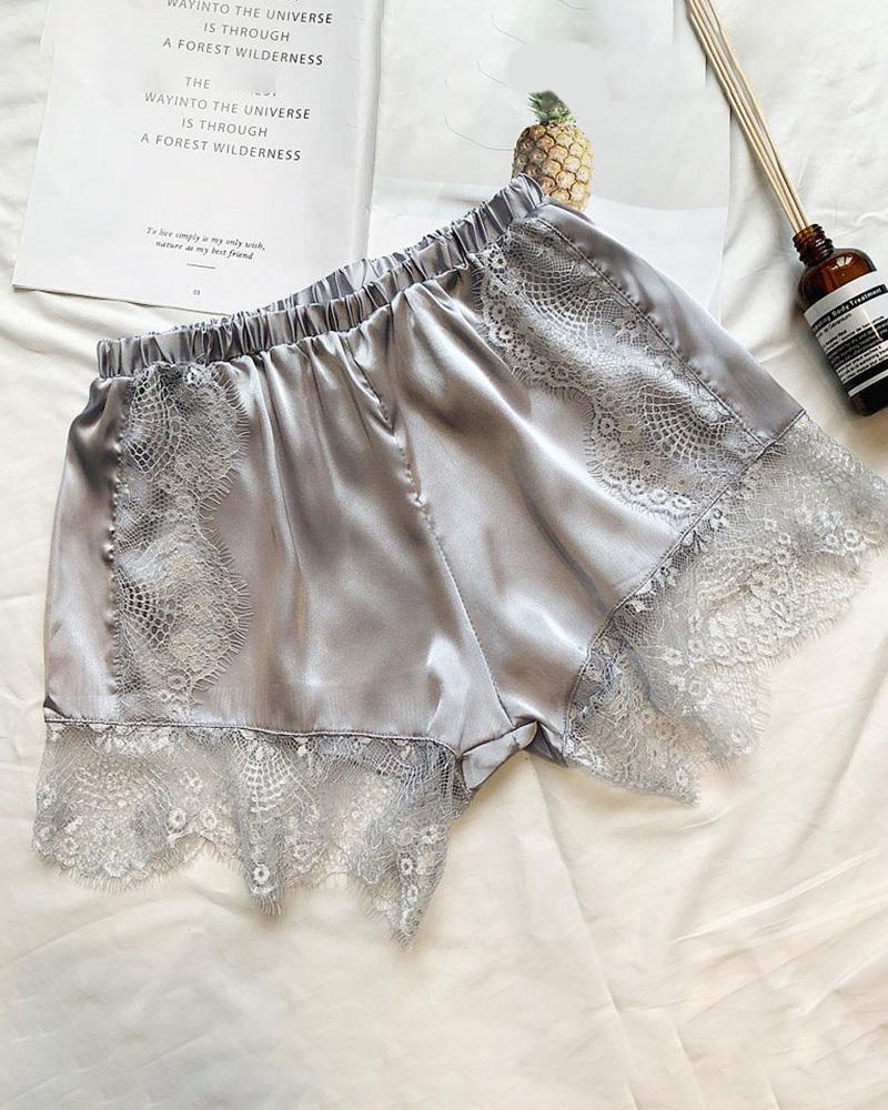 

Lace Trim Satin Homewear Shorts, Gray