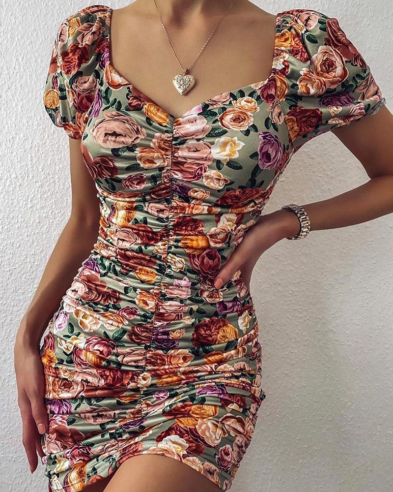 

Floral Print V Neck Mini Dress, Green