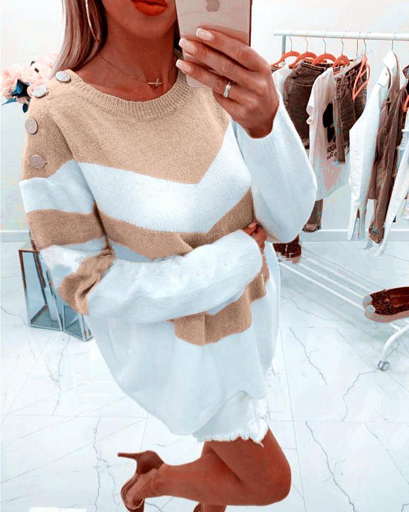 

Colorblock Striped Long Sleeve Sweater, Khaki