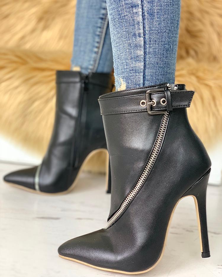 

Zip Detail Buckle PU Ankle Boots, Black