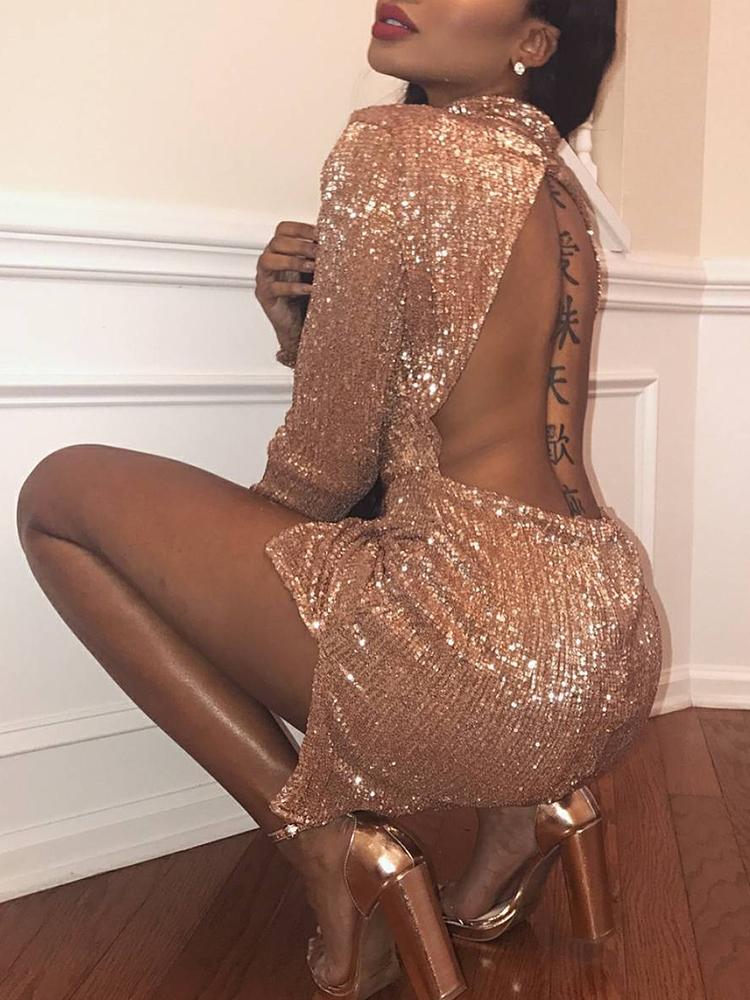

Open Back Side Slit Sequin Dress, Gold