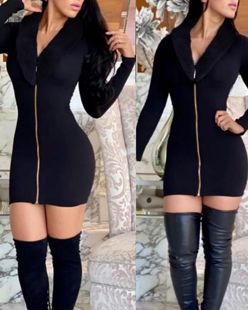 

Faux Fur Zipper Design Long Sleeve Bodycon Dress, Black