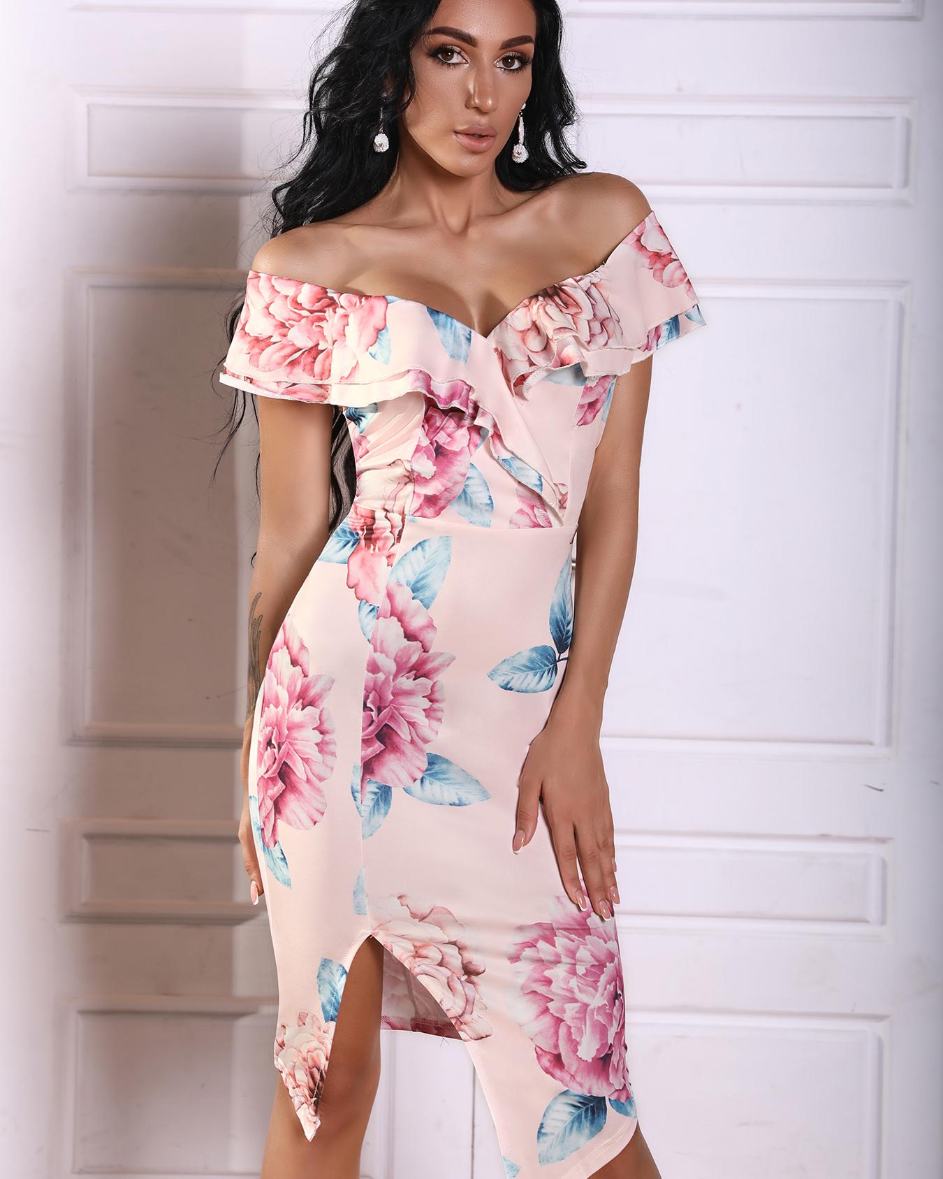 

Floral Ruffle Off Shoulder Split Midi Dress