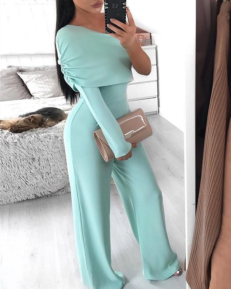 

One Shoulder Ruched Fold-Over Jumpsuit, Light green