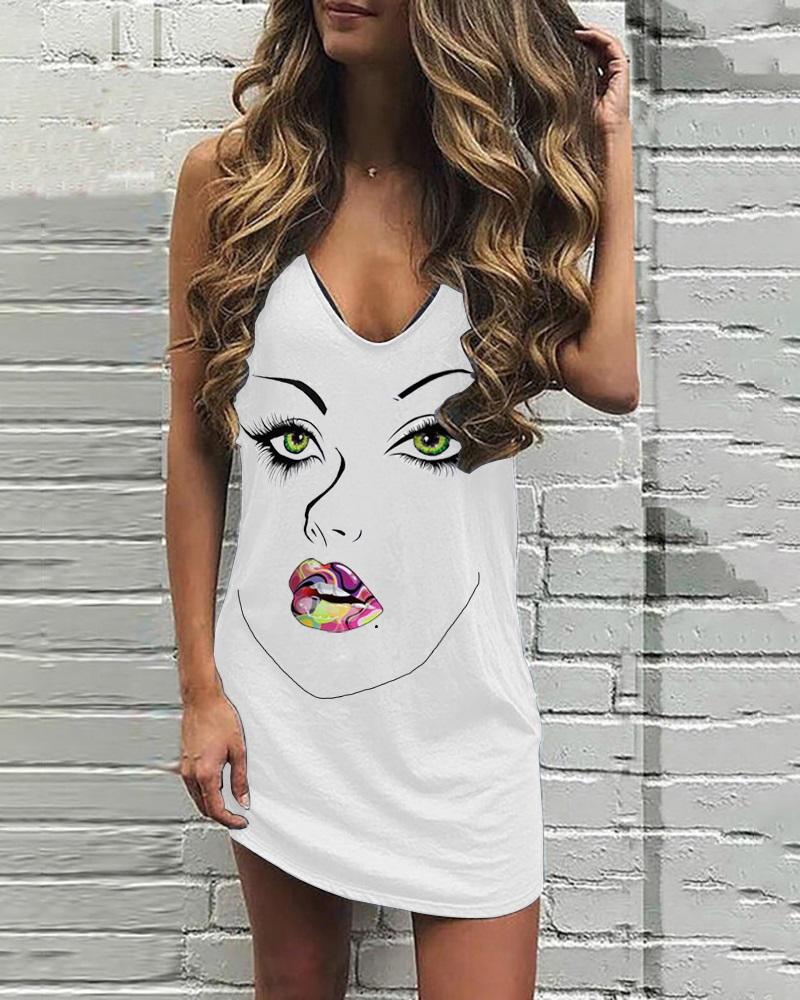 

V Neck Figure Print Sleeveless Casual Dress, White