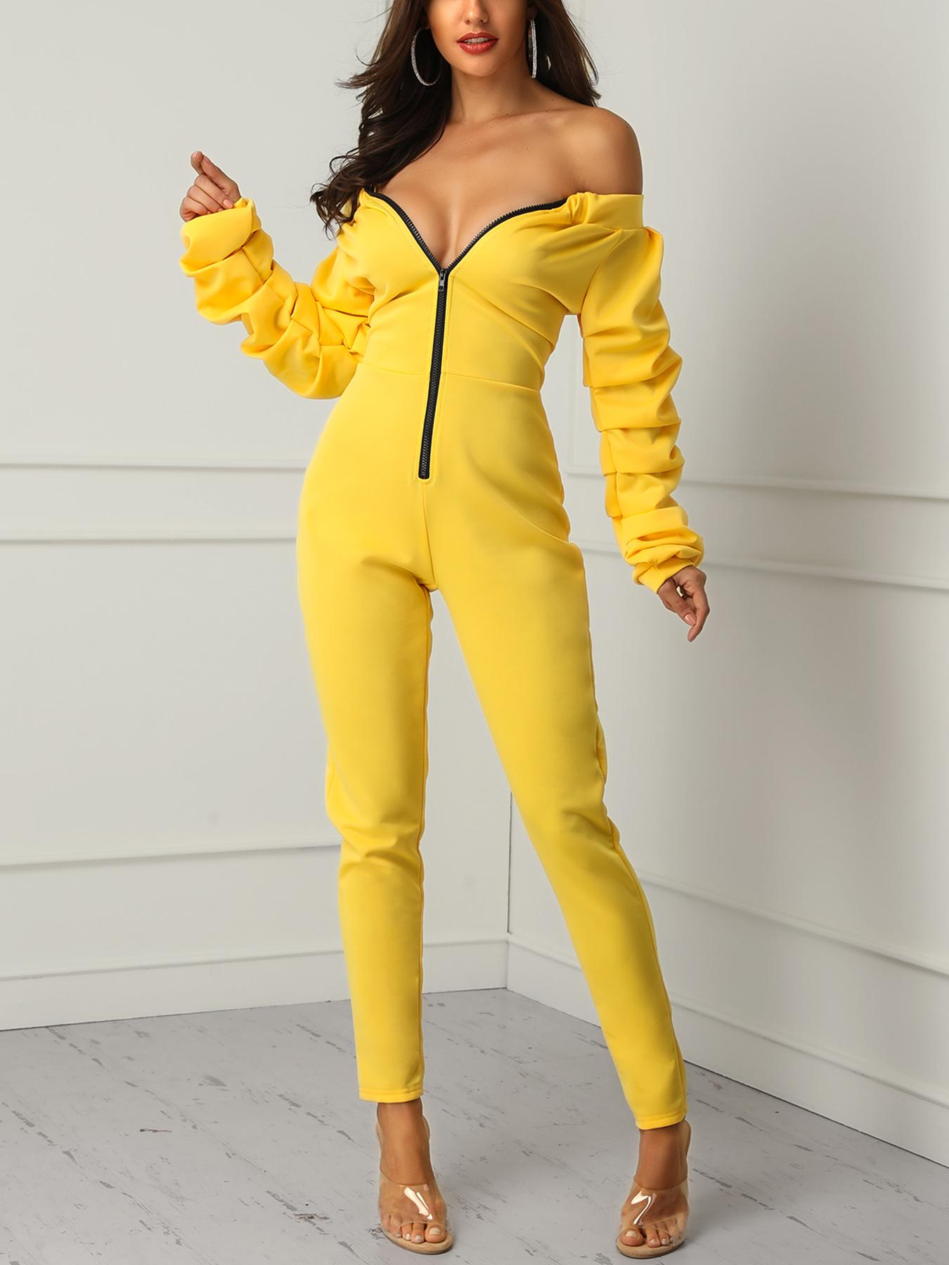 

Off Shoulder Heap Sleeve Zipper Jumpsuits, Yellow