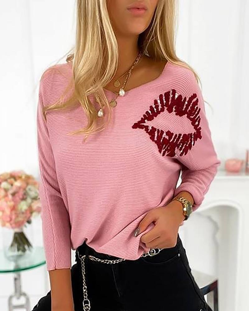 

Lip Pattern Batwing Sleeve Knit Top, Pink